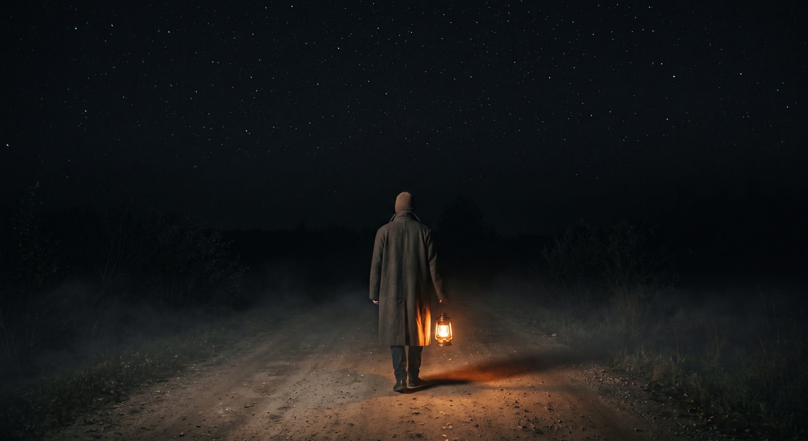 Lampa niesiona nocą po pustej drodze